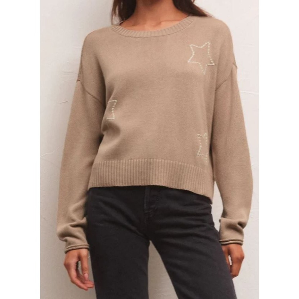 Z Supply Tan Embroidered Star Cotton Knit Crew Neck Sweater XL ZW233974
